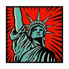 the statue of liberty is shown in red, white and blue colors with an orange background