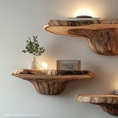 two wooden shelves with lights on each shelf