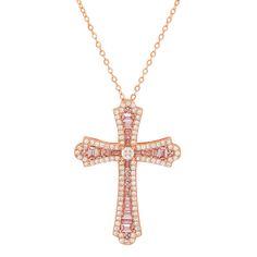 Adorn yourself with elegance and grace with our 14k Rose Gold Over Silver Luxurious CZ Cross Pendant. Crafted with meticulous detail, this pendant exudes sophistication and radiance. The shimmering cubic zirconia stones set in a stunning cross design add a touch of sparkle and luxury to any ensemble. Suspended from a delicate rose gold over silver chain, this pendant is the perfect accessory to elevate your look for any occasion.  Stamped 925 1. 69 CTW (diamond equivalent) Chain Length: 18" Real April Birthstone Jewelry, March Birthstone Jewelry, Art Deco Pendant, Cross Design, Pearl Jewellery Earrings, Girls Necklaces, Cross Pendant Necklace, Rose Gold Necklace, March Birth Stone