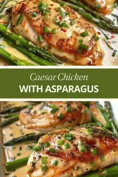 grilled chicken with asparagus on a white plate