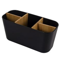 a black container with three compartments for pens and pencils