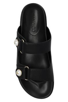 Composition: 100% Leather, 100% Rubber Leather Sandals With Embellished Single Toe Strap, Embellished Leather Sandals With Single Toe Strap, Barbour Steve Mcqueen, Footwear Design Women, Leather Slides, Sneaker Wedge, Black Rubber, Luxury Retail, Manolo Blahnik