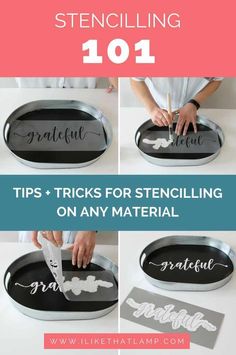 the instructions for stenciling on an oval tray are shown in three different ways