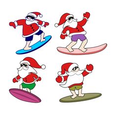 cartoon santas are riding surfboards on the waves and snowboarding in different outfits