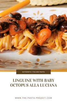 linguine with baby octopus, alla luciana and olives on a plate