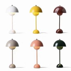 six different colored lamps sitting on top of each other