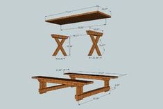 the plans for a table and bench are shown in three different positions, including one with x legs