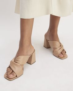 The Day Twist Heel Chic Beige Leather Block Heels, Chic Leather Block Heels With Wrapped Heel, Leather Block Heels With Wrapped Heel And Almond Toe, Beige Leather Block Heels With Wrapped Heel, Modern Heels, Cashmere Wrap Sweater, Waffle Tee, Styles Women, Picnic Dress