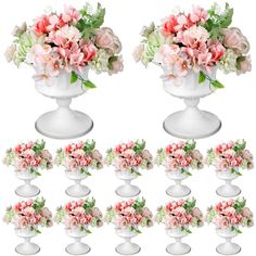 a vase filled with lots of pink flowers on top of a white table next to each other