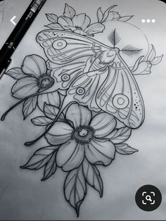 a drawing of flowers and a butterfly on paper