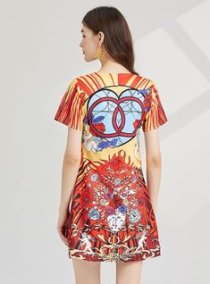 Carnival of Hue: This vibrant, stained glass-inspired dress is a wearable piece of art, flaunting a bold palette of red, yellow, and blue, intermingled with striking patterns that catch the eye. The short-sleeve design, coupled with the A-line silhouette, offers a casual yet flattering fit that moves with grace and ease. It's a piece that celebrates color and creativity, making it a perfect choice for those who love to stand out in a crowd. The kaleidoscopic patterns are not just visually compel Red Abstract Print Summer Dress, Fitted Multicolor Print Dress With Short Sleeves, Colorful Pattern Short Sleeve Summer Dresses, Red Bold Print Summer Dress, Red Summer Dress With Bold Print, Red Summer Dress With Colorful Pattern, Casual Mini Dress With Vibrant Print And Short Sleeves, Colorful Patterned Red Summer Dress, Yellow Short Sleeve Mini Dress