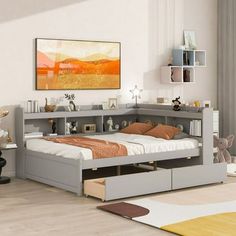 a bedroom with a bed, desk and shelves in it