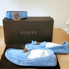 Blue Suede Gucci Loafers With Bamboo Tassel. Rubber Padded Bottom. Stylish And Comfortable Timeless Design Made In Italy Comes With Box And Dust Bag Blue Leather Gucci Belt With Gold Gg Buckle. (Sold!) Comes With Origina Packaging And Dust Bag Fast Shipping! Gucci Blue Formal Loafers, Gucci Suede Loafers, Gucci Loafers, Suede Loafers, Gucci Belt, Gucci Shoes, Blue Suede, Blue Bags, Blue Leather