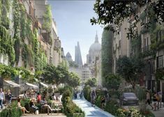 an artist's rendering of a city street with people walking and sitting