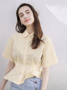 - Striped pattern- Cotton blend- Front button closure- Comfortable fit - Short length sleeves- Peplum top- Elastic band at back waistMeasurements- Length: 19.6in,  Shoulder width:15.9in,  Chest width:18.3in,  Sleeve length:9in*Model Info - Height :5’8”, Bust:32”, Waist:22”, Hip:33”Composition & Care- Outshell :65%polyester, 35%cotton- Hand-wash separately / Dry cleaning / Please check the care label. Designer- Made in Korea- by BIBYSEOB- Style#:300681267 Fitted Yellow Tops With Buttons, Spring Daywear Tops With Back Button Closure, Spring Daywear Top With Back Button Closure, Fitted Tops With Back Button Closure, Spring Fitted Tops With Back Button Closure, Spring Tops With Back Button Closure For Daywear, Fitted Tops With Back Button Closure For Spring, Classic Yellow Short Sleeve Tops, Spring Tops With Back Button Closure For Day Out