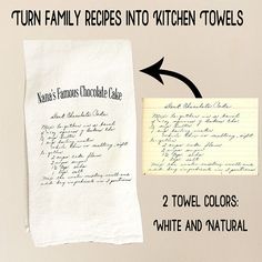 two towels with writing on them next to a handwritten recipe