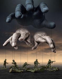 two hands are suspended by strings over the ocean with army men in green suits on them