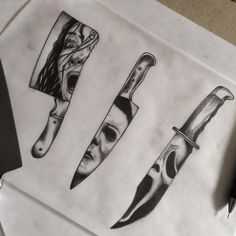 a drawing of three knives on top of a piece of paper next to a pen