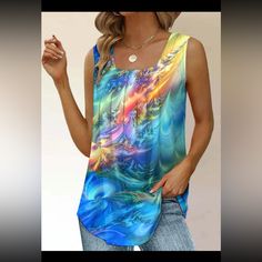 Length 27, Bust 44 Trendy Multicolor Print Sleeveless Top, Trendy Sleeveless Multicolor Print Top, Casual Multicolor Tank Top, Casual Blue Printed Tank Top, Casual Multicolor Tank Top For Spring, Multicolor Graphic Print Tank Top For Spring, Casual Sleeveless Multicolor Print Tops, Casual Multicolor Sleeveless Tops, Casual Multicolor Print Sleeveless Tops