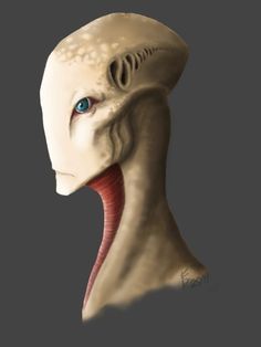 the head and neck of an alien with blue eyes is shown in this 3d image