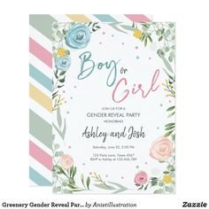 a baby girl gender reveal party with flowers and stripes on the front, in pastel colors