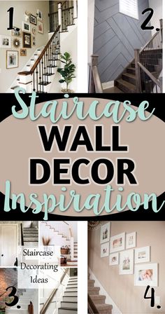 staircase wall decor with stairs and pictures on the walls in different styles, sizes and colors