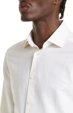 Presented in classic white, this long-sleeve button-up is crafted from a soft, breathable blend of cotton, linen and silk for year-round comfort. Front button closure Point collar Long sleeves with button cuffs 60% cotton, 25% linen, 15% silk Dry clean Made in Italy Men's Designer Clothing Classic Linen Shirt For Office, White Linen Formal Shirt, Spring Timeless Collared Dress Shirt, Formal White Linen Shirt, Classic Cream Formal Shirt, Classic Formal Cream Shirt, Timeless Cotton Shirt For Spring, Classic Cream Shirt With Buttons, Cream Formal Shirt With Spread Collar