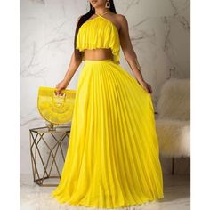 Yellow Co Ord Set With Halter Crop Top And Matching Flowing Pleated Maxi Skirt Material: 95% Polyester | 5% Spandex Measurements: 40" Length Free Shipping For Most Bundles With Multiple Items Low Ball Offers Will Be Declined Tags: Revolve, Zara, Meshki, Oh Polly, Tiger Mist, Fashion Nova, Prettylittlething, Missguided And House Of Cb Luxury Maxi Dress With Accordion Pleats, Summer Party Sets With Long Skirt, Two-piece Set With Flowy Skirt For Summer, Spring Two-piece Long Maxi Skirt, Summer Party Skirt Sets, Summer Party Long Skirt Set, Summer Party Flowy Skirt Set, Flowy Skirt Set For Summer Party, Casual Summer Party Skirt Set