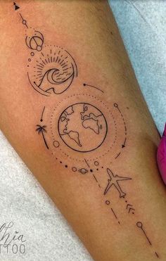 a person with a tattoo on their arm that has an image of the earth and stars