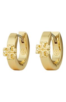 Add a dash of classic elegance to your look with these polished silvertone earrings adorned with the iconic double-T logo. 5/8 hoop diameter x 1/8W Goldtone plate Imported Gold Snake Jewelry, Fantasy Earrings, Preppy Jewelry, Tory Burch Kira, Snake Jewelry, Jewelry Accessories Ideas, Snake Earrings, Jewelry Essentials, Stacked Jewelry