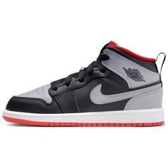 Preschool Jordan 1 Mid "Bred Shadow" Black/Cement Grey-Fire Red Size: 11.5.  Gender: unisex.  Age Group: kids. Jordan 1 Low White, Retro Running Shoes, Red Basketball Shoes, Red Jordans, Buy Jordans, Jordan 11 Retro Low, Black Cement, Black Fire, Jordan 11 Retro