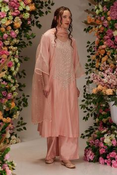 Peach kurta featuring sequin and moti embellishment in floral pattern. Paired with a pant and a moti embellished sheer dupatta. - Aza Fashions Spring Salwar Kameez With Mirror Work And Traditional Drape, Traditional Spring Salwar Kameez With Mirror Work, Spring Festive Salwar Kameez With Mirror Work, Traditional Drape Salwar Kameez With Mirror Work For Spring, Spring Chanderi Dupatta With Mirror Work, Festive Spring Dupatta With Mirror Work, Spring Festival Traditional Wear With Mirror Work, Spring Traditional Wear With Mirror Work, Semi-stitched, Spring Bollywood Dupatta With Mirror Work