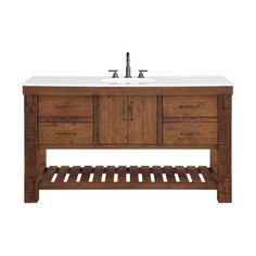 a bathroom vanity with two sinks and wooden drawers on the bottom, against a white background