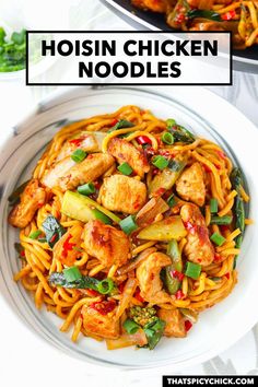 Sticky, savory-sweet, spicy and DELICIOUS, this Hoisin Chicken Noodles dish is incredibly flavorful and easy to make! Tender chicken, fragrant aromatics, veggies and noodles get tossed in mouthwatering stir fry sauce starring hoisin sauce! It’s customizable with your favorite protein and veggies and gluten-free and vegetarian/vegan adaptable. #noodles #stirfry #dinner #easyrecipes #chinesefood #asianfood #spicy #chickennoodles #hoisinsauce #mealprep #highproteinmeals | That Spicy Chick Recipes With Hoisin Sauce, Veggies And Noodles, Fresh Ramen Noodles, Chicken Stir Fry With Noodles, Hoisin Chicken, Fry Noodles, Healthy Party Food, Chinese Cooking Wine