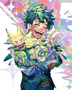 an anime character with green hair and flowers on his chest, holding a cell phone