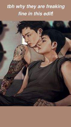 two people sitting next to each other with tattoos on their arms and arm, one holding the