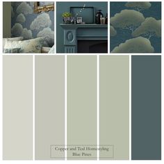 several shades of gray and green with clouds in the background, including a fireplace mantle