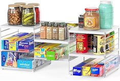 three tiered shelving unit with food items on it