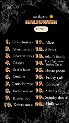 halloween movies list on a black background with spider webs and pumpkins in the center