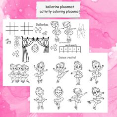 Keep your kids entertained with these fun ballerina dance recital themed activity coloring placemats. One placemat features a variety of engaging activities, including coloring, a fun maze, tic tac toe, word search and spot the difference. The other placemat is just a fun coloring page.  Simply print at home and let the children enjoy some delightful and interactive fun. Print as many times as you want. You will NOT be able to edit this item. -1 PDF file -2 placemats -8.5" x 11" design -print on Ballerina Coloring, Dance Activities, Girl Ballerina, Activity Placemat, Coloring Placemats, Activities Games, Ballerina Dancing, Coloring Activity, Cool Coloring Pages