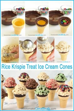 an ice cream cone with different toppings in it and the words rice krispie treat ice cream cones