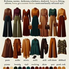 Autumn Colour Palette Fashion, Autumn Seasonal Color Analysis Outfits, Autumn Undertone Outfits, Deep Autumn Palette Outfits Style, Autumn Colour Capsule Wardrobe, Deep Autumn Women, Autumn Pallet Outfits, Outfits For True Autumn, Deep Autumn Romantic Style