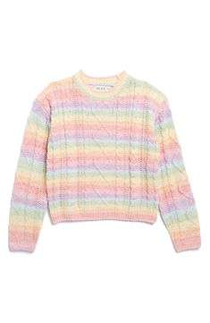 a sweater with multicolored stripes on the front and back, it has a round neck