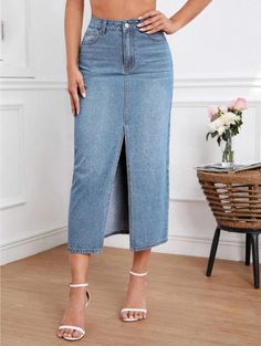 Lasaky - Front Slit Vintage Fashion Casual Denim Midi Skirt Skirt Jeans Outfit, Skirt Outfits Summer, Plaid Skirt Outfit, Jean Skirt Outfits, Denim Skirt Outfits, Rock Outfit, Denim Skirt Women, Denim Skirts, Denim Midi Skirt