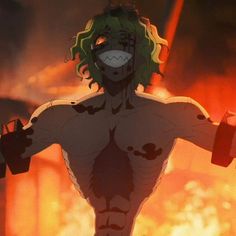 an anime character standing in front of a fire with his arms out and hands on his hips