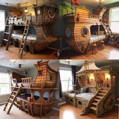 there are two pictures of a pirate ship bed and bunk beds in the same room