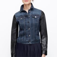 Ann Taylor Faux Leather Denim Trucker Jean Jacket Size Xs Black Faux Leather Sleeves Nwot/Excellent Condition Smoke Free Same/Next Day Shipping Bundle To Save! Leather Sleeves, Leather Denim, Leather Sleeve, Denim Jean Jacket, Denim Jean, Black Faux Leather, Jean Coat, Jean Jacket, Ann Taylor