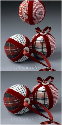 three different images of christmas balls with ribbons on them, one is red and the other is white