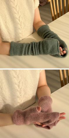 two pictures of hands with mittens on sitting at a table