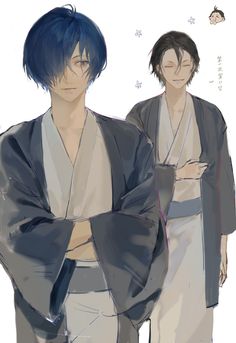 two anime characters standing next to each other with their arms crossed and one wearing a kimono